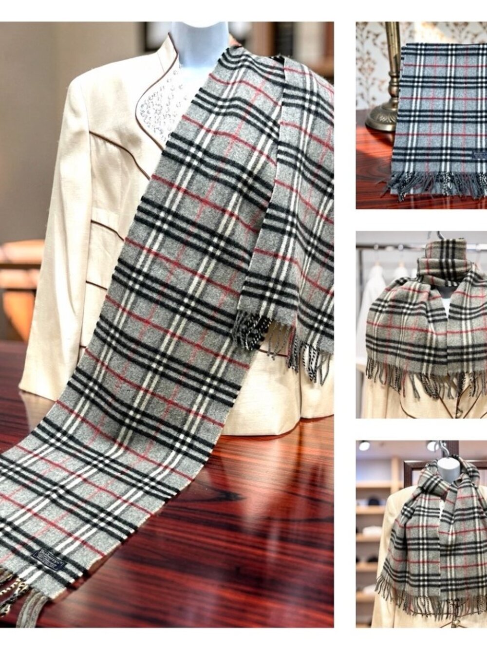 Vgt. Classic Burberry Of London 100% WOOL 76"x12" Gray black Red Plaid Fringe (8